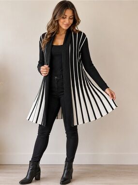 Black & White Ribbed Open Front Long Cardigan Sweater, Small - Medium